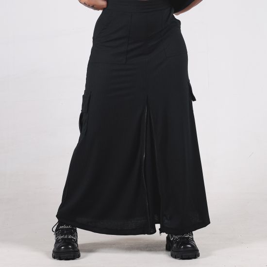 Saia Longa Zíper Preta Canelada