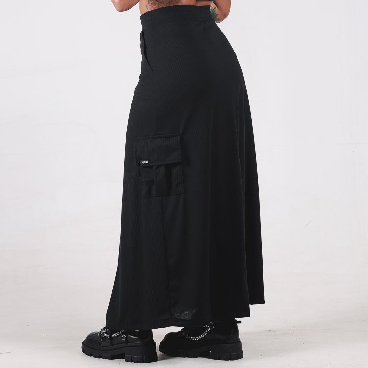 Saia Longa Zíper Preta Canelada