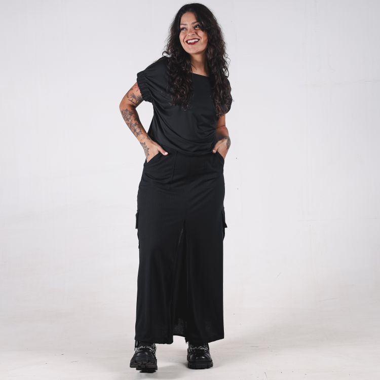 Saia Longa Zíper Preta Canelada