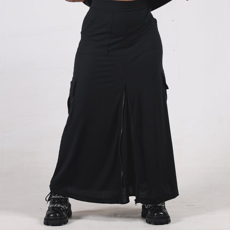 Saia Longa Zíper Preta Canelada