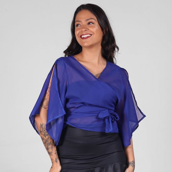 Blusa Tule Azul Transpassada