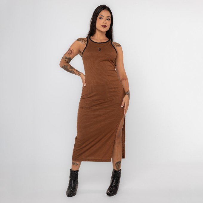 Vestido Brown Midi Canelado Urban Fenda