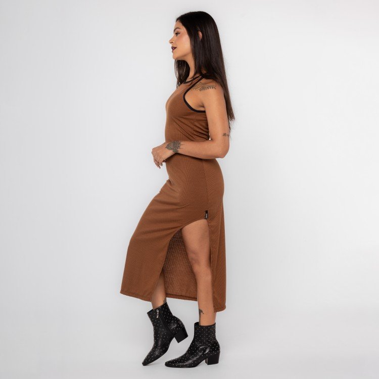 Vestido Brown Midi Canelado Urban Fenda