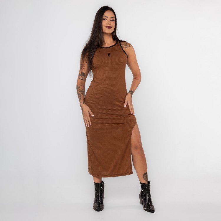 Vestido Brown Midi Canelado Urban Fenda