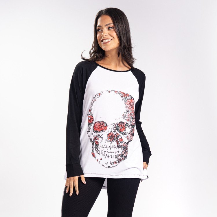 Blusa Manga Longa Raglan Skull