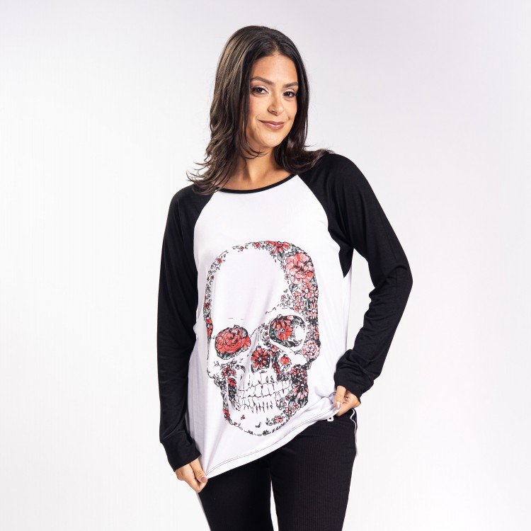 Blusa Manga Longa Raglan Skull