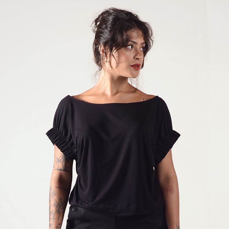 Blusa Elástico Na Manga Casual Lisa