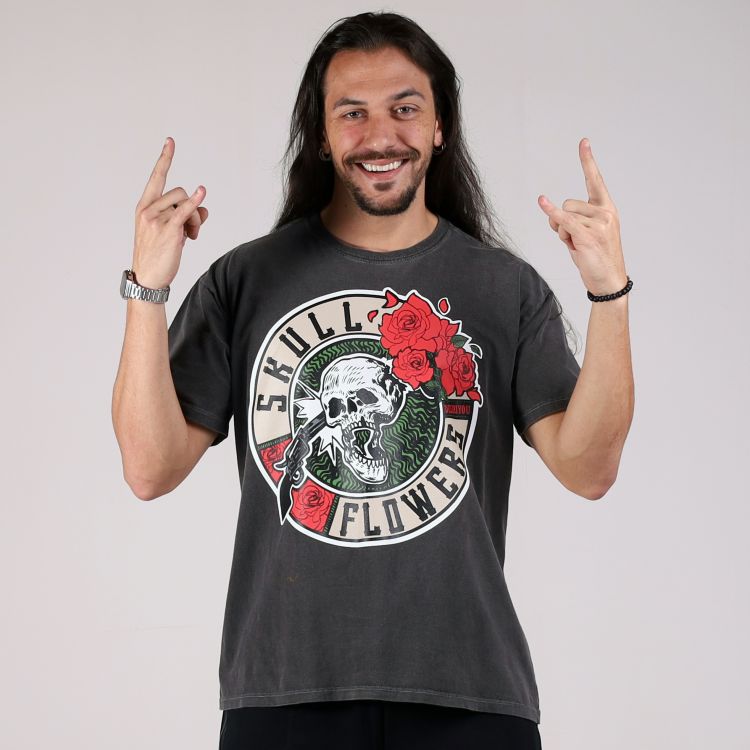 Camiseta Estonada Skull Flowers Hardrock