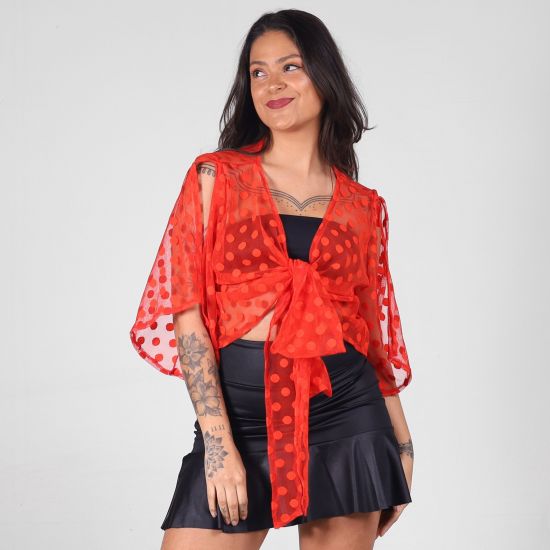 Blusa Tule Bolinha Transpassada