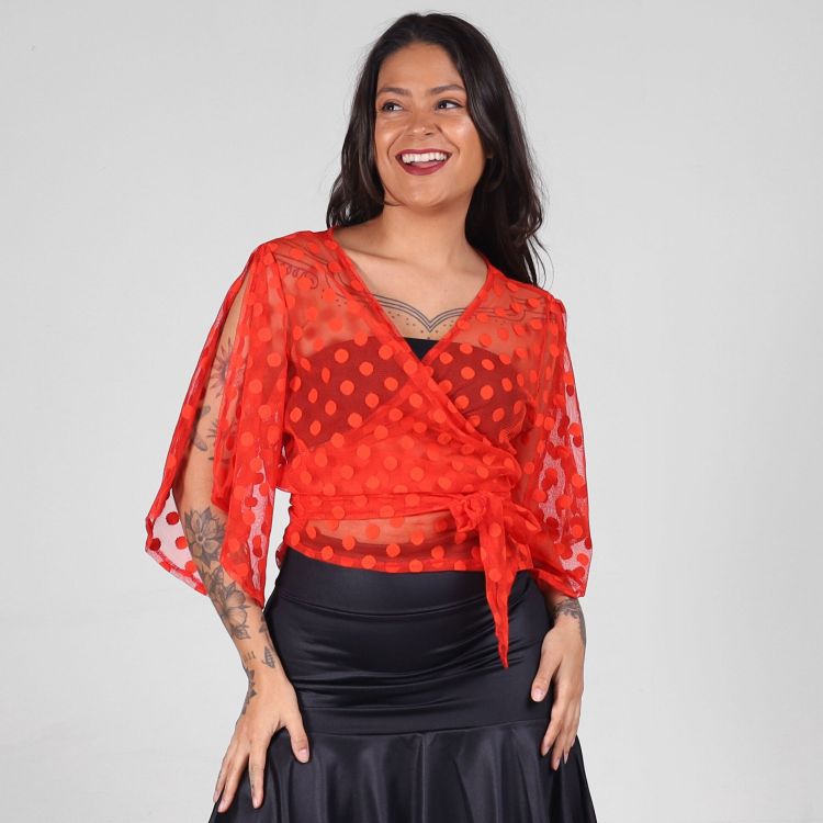 Blusa Tule Bolinha Transpassada
