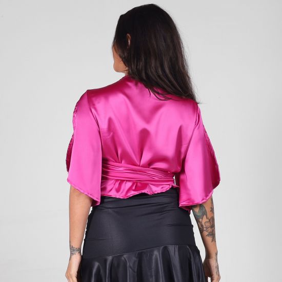 Blusa Cetim Rosa Transpassada