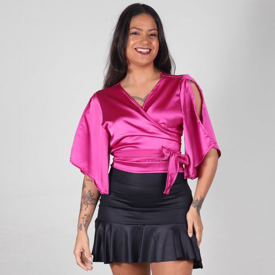 Blusa Cetim Rosa Transpassada