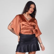 Blusa Cetim Terracota Transpassada