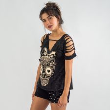 Blusa Estonada Caveira Laço