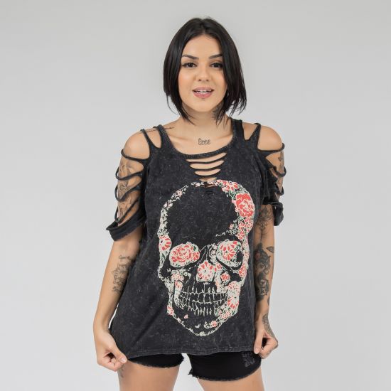 Blusa Estonada Caveira De Flores